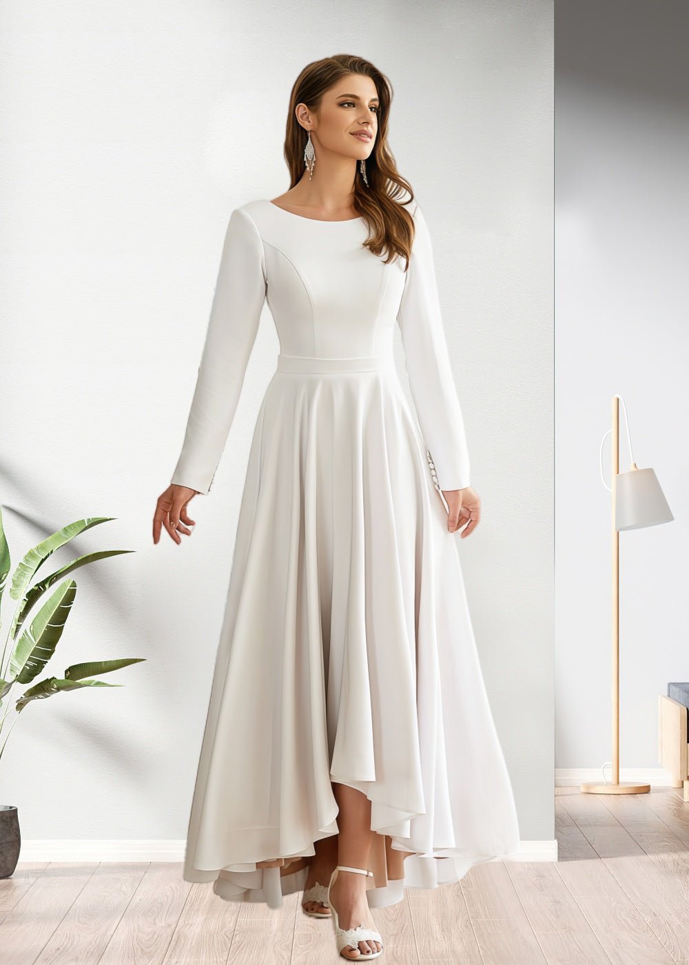 Lilith | Timeless Elegance Long Sleeved High Low Wedding Dress - Ivory - PromDressClub