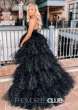 Lillian |Black Long Prom Dresses Near Me With A Line Spaghetti Straps Tiered Tulle High Low - Black - US0 - PromDressClub