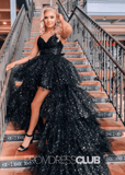 Lillian |Black Long Prom Dresses Near Me With A Line Spaghetti Straps Tiered Tulle High Low - Black - US0 - PromDressClub