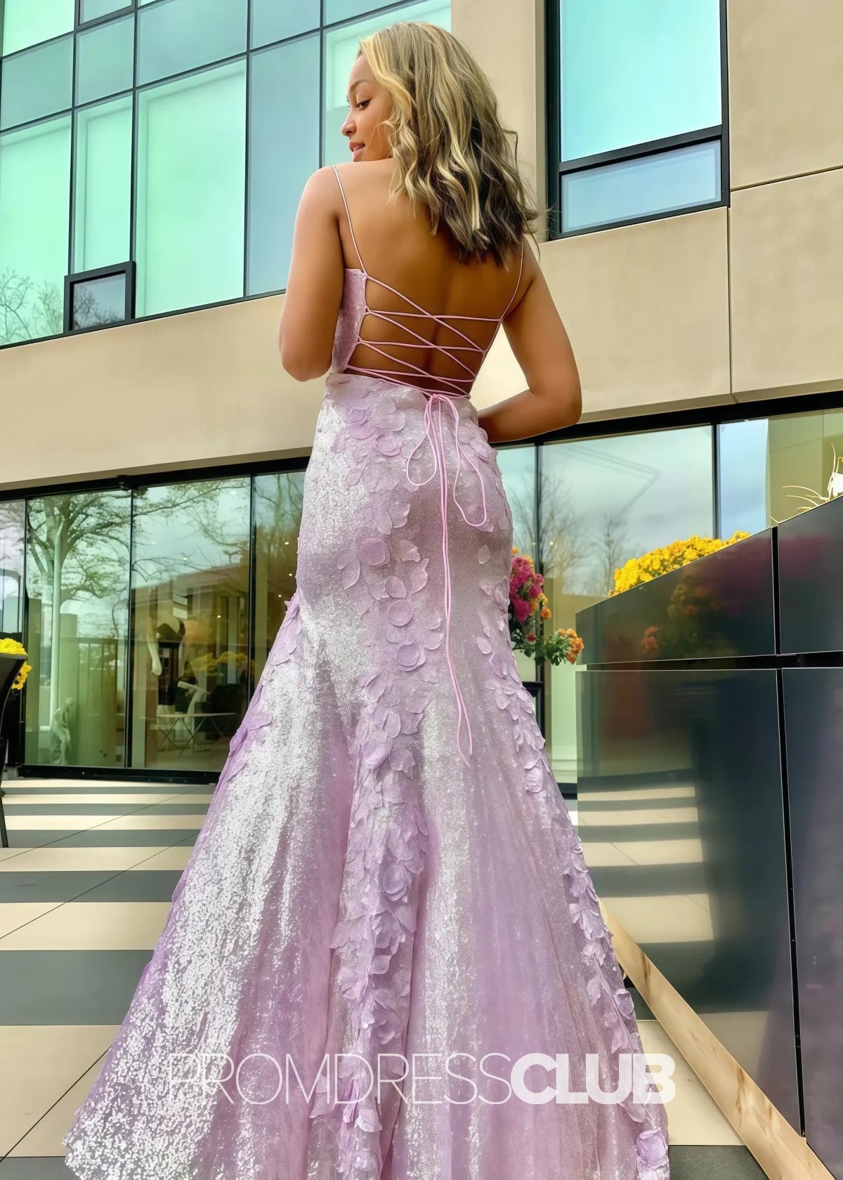 Linda |Long Black Prom Dresses Near Me With 3D Appliques Sheath Spaghetti Straps Sequin - Lilac - US0 - PromDressClub