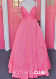 Lindsay |Hot Pink Plus Size Long Prom Dresses Near Me With A - line V Neck Sequins - Hot Pink - US0 - PromDressClub