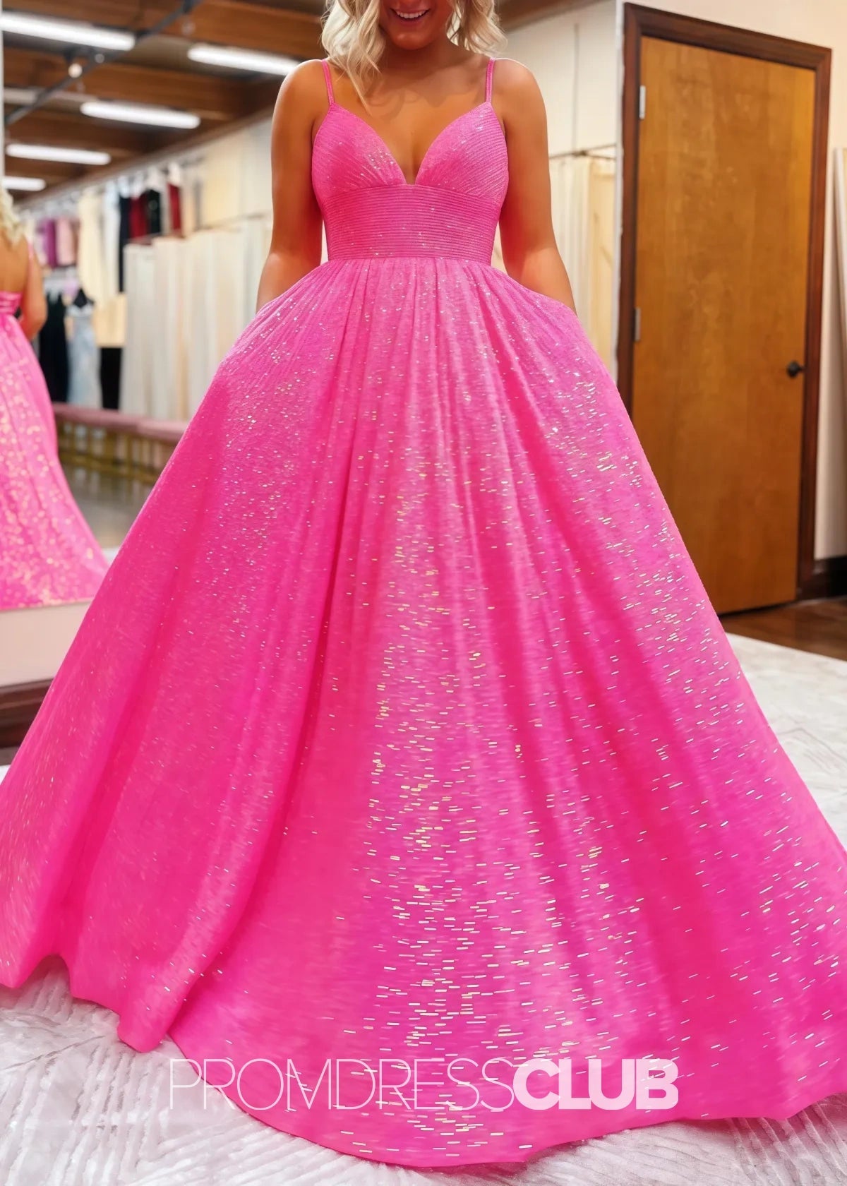 Lindsay |Hot Pink Plus Size Long Prom Dresses Near Me With A - line V Neck Sequins - Hot Pink - US0 - PromDressClub