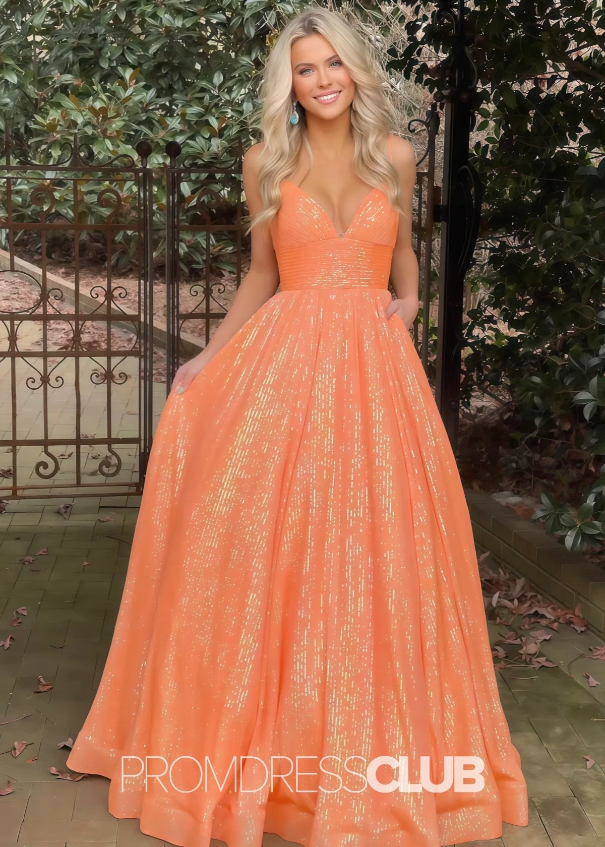 Lindsay |Hot Pink Plus Size Long Prom Dresses Near Me With A - line V Neck Sequins - Orange - US0 - PromDressClub