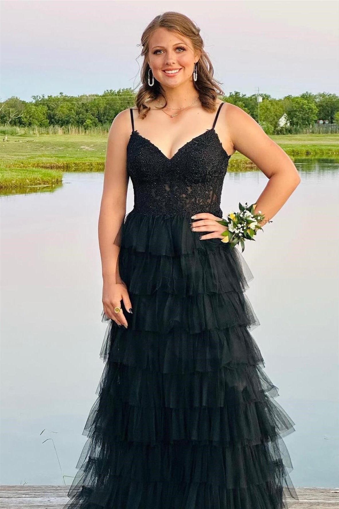 Rosalind |Long Black Tiered Prom Dresses Lace Tulle Formal Dress Straps - Black - US0 - PromDressClub