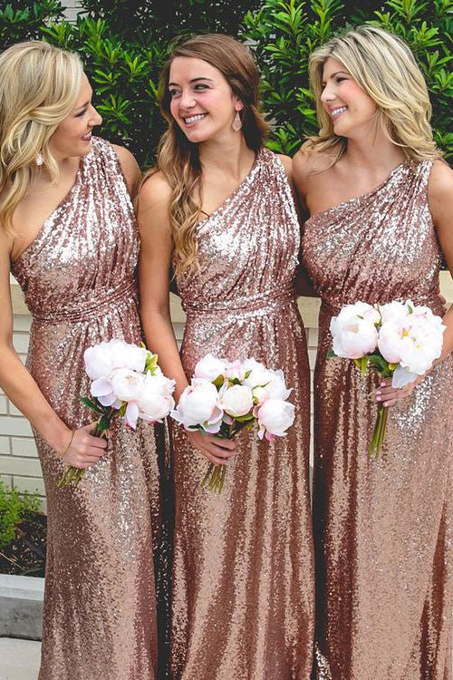 Lorraine |Long Sequins Rose Gold Bridesmaid Dress One Shoulder - Rose Gold - US0 - PromDressClub