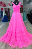 Kristin |Long Tulle Pink Formal Dress V Neck Ruffles Tiered Prom Dress - Pink - US0 - PromDressClub