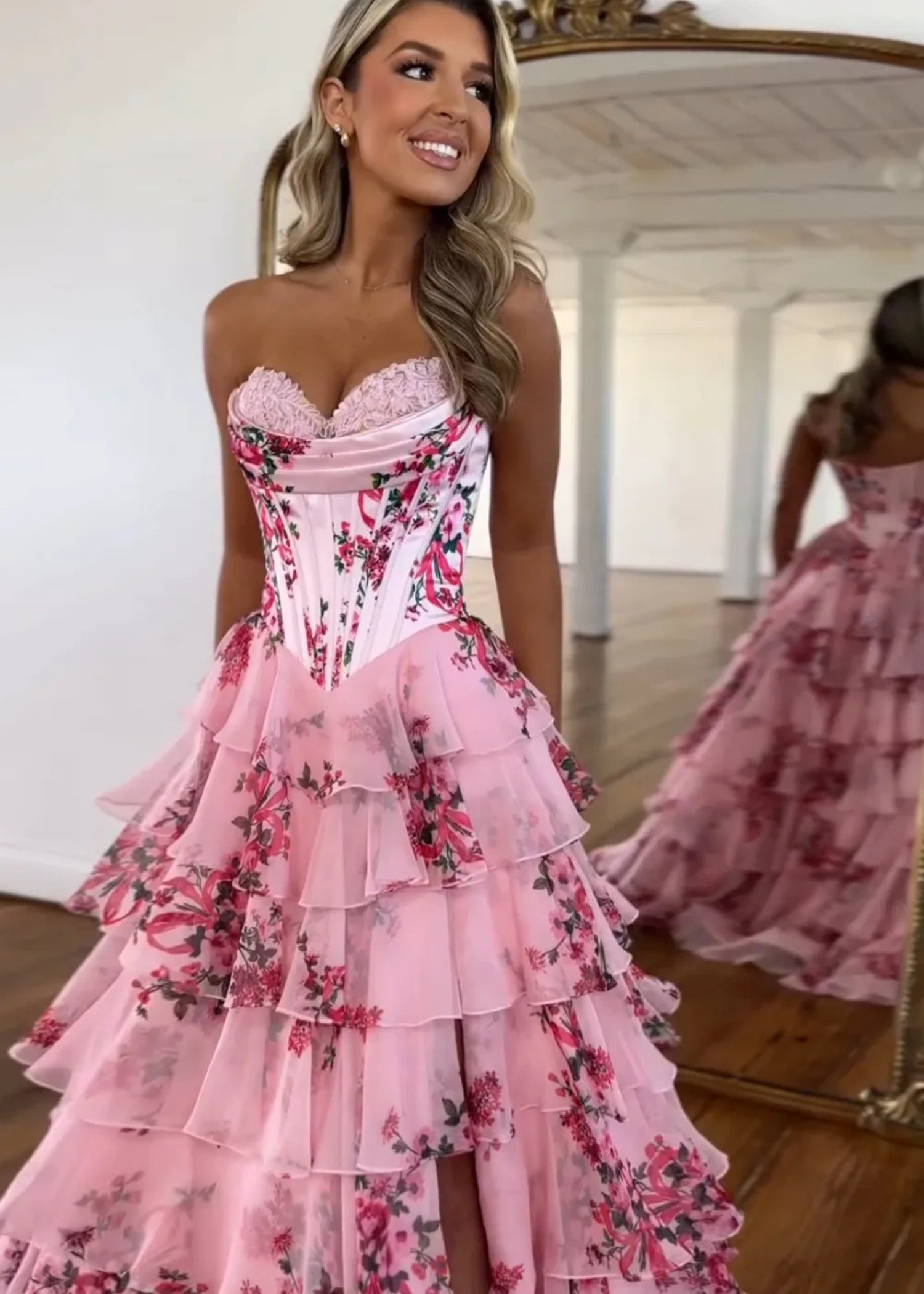 Mabel|A - Line Sweetheart Chiffon Floral Ruffled Corset Long Blush Prom Dress with Slit - Blush - US0 - PromDressClub