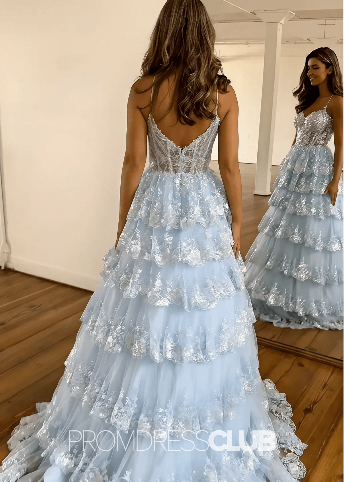 Madeline |Black Long Prom Dresses Near Me With A Line Spaghetti Straps Tiered Lace - Sky Blue - US0 - PromDressClub