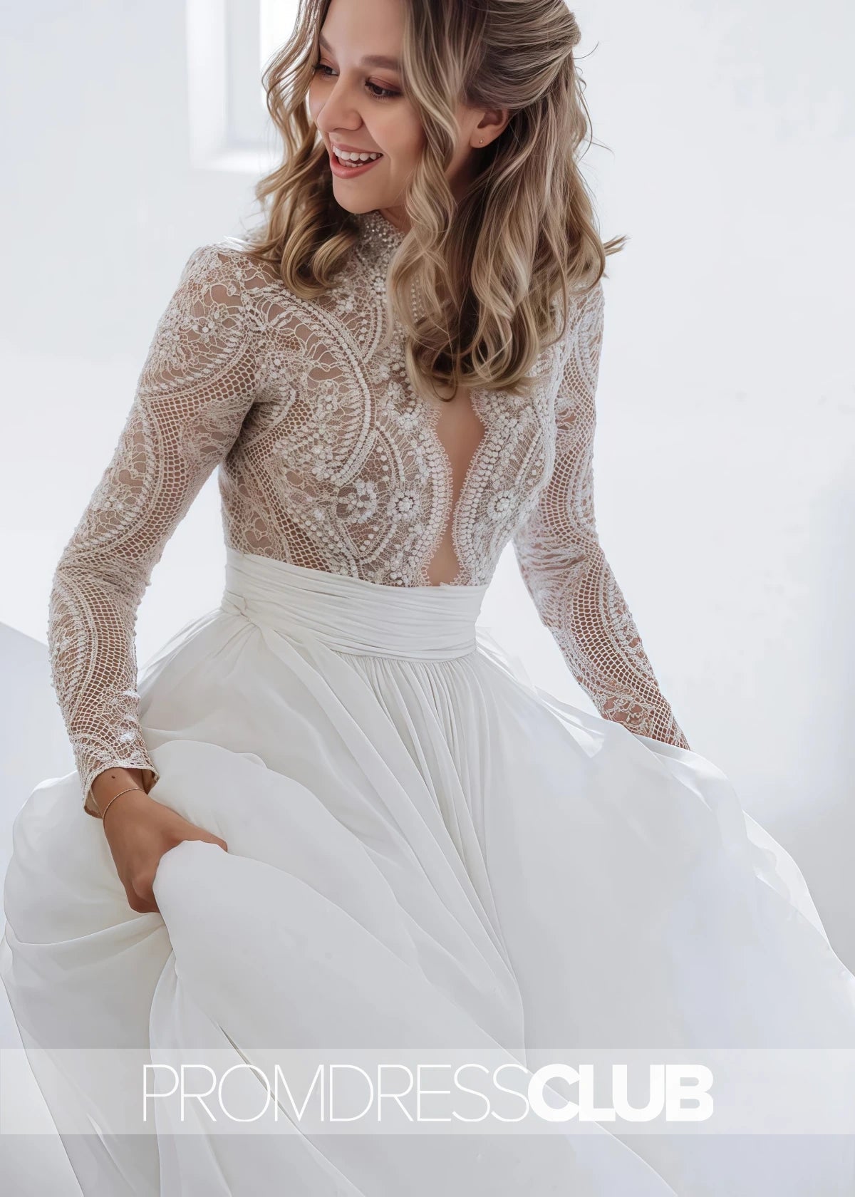 Mag |Long White Wedding Dresses Near Me With Luxurious Lace Beading Long Sleeves A - Line Pleated Tulle - White - US0 - PromDressClub