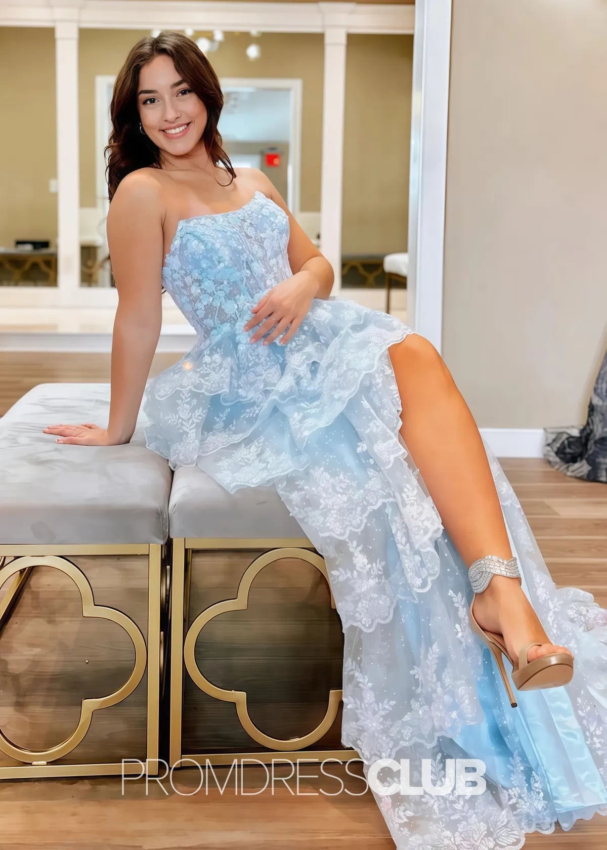 Marian |Red Long Prom Dresses Near Me With A Line Strapless Ruffle Sequin Lace - Sky Blue - US0 - PromDressClub