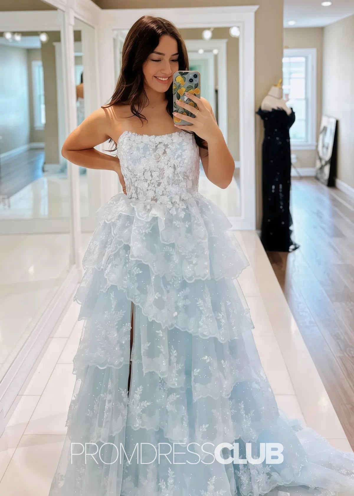 Marian |Red Long Prom Dresses Near Me With A Line Strapless Ruffle Sequin Lace - Sky Blue - US0 - PromDressClub