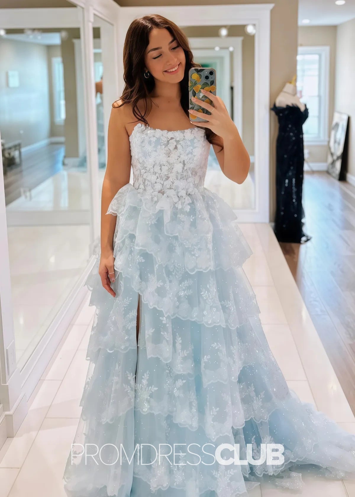 Marian |Red Long Prom Dresses Near Me With A Line Strapless Ruffle Sequin Lace - Sky Blue - US0 - PromDressClub