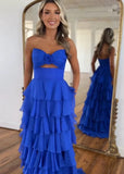 Marjorie | A - Line Sweetheart Chiffon Tiered Long Royal Blue Prom Dress with Slit - Royal Blue - US0 - PromDressClub