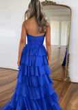 Marjorie | A - Line Sweetheart Chiffon Tiered Long Royal Blue Prom Dress with Slit - Royal Blue - US0 - PromDressClub