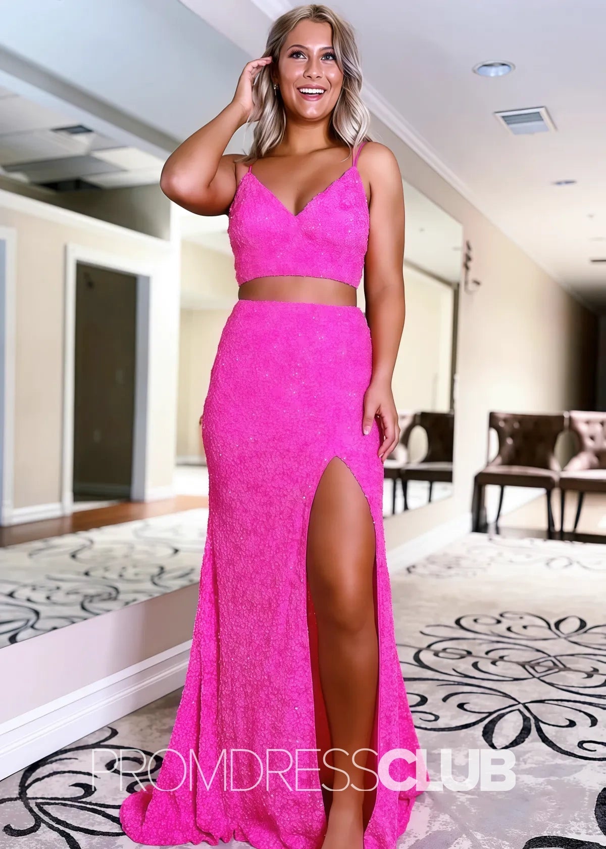 Marjorie |Long Orange Prom Dresses Near Me With Two Piece V Neck Mermaid Sequins Slit - Hot Pink - US0 - PromDressClub