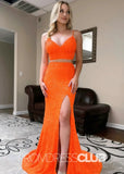 Marjorie |Long Orange Prom Dresses Near Me With Two Piece V Neck Mermaid Sequins Slit - Orange - US0 - PromDressClub