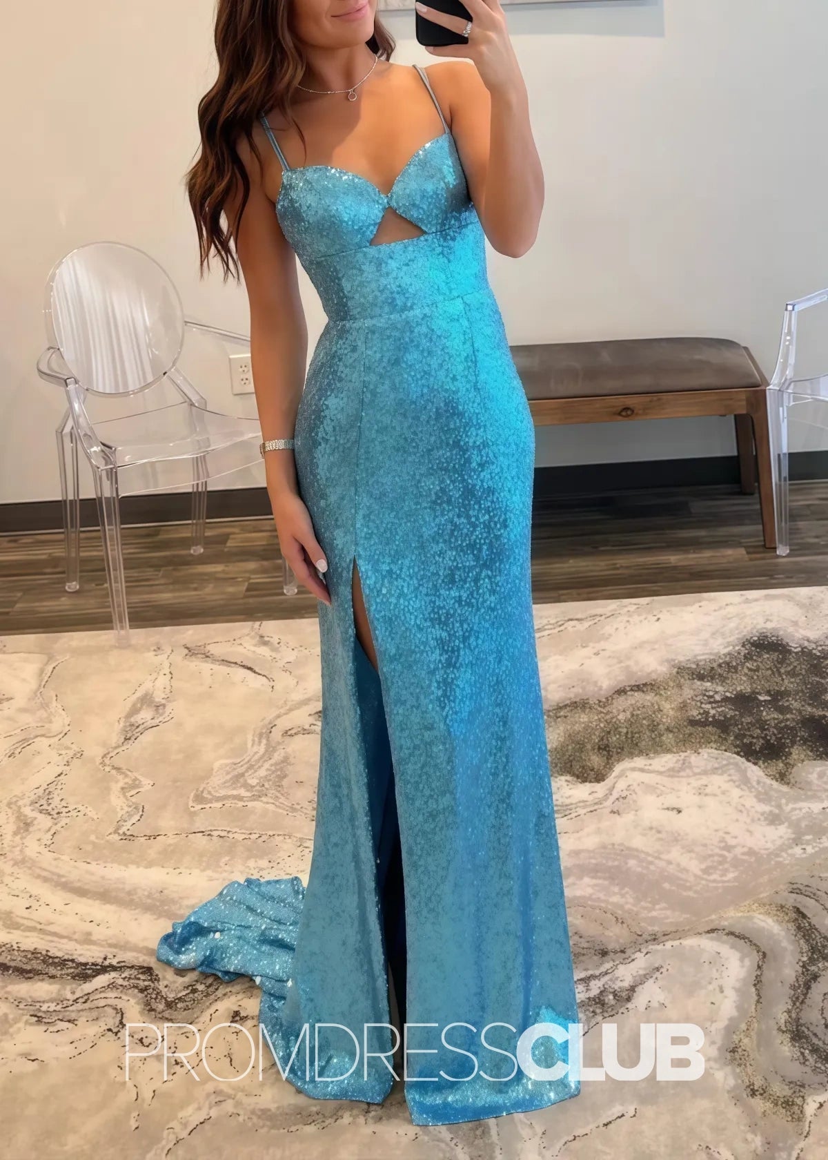 Martha |Black Long Prom Dresses Near Me With Sheath Spaghetti Strap Sequin Mermaid Slit - Blue - US0 - PromDressClub