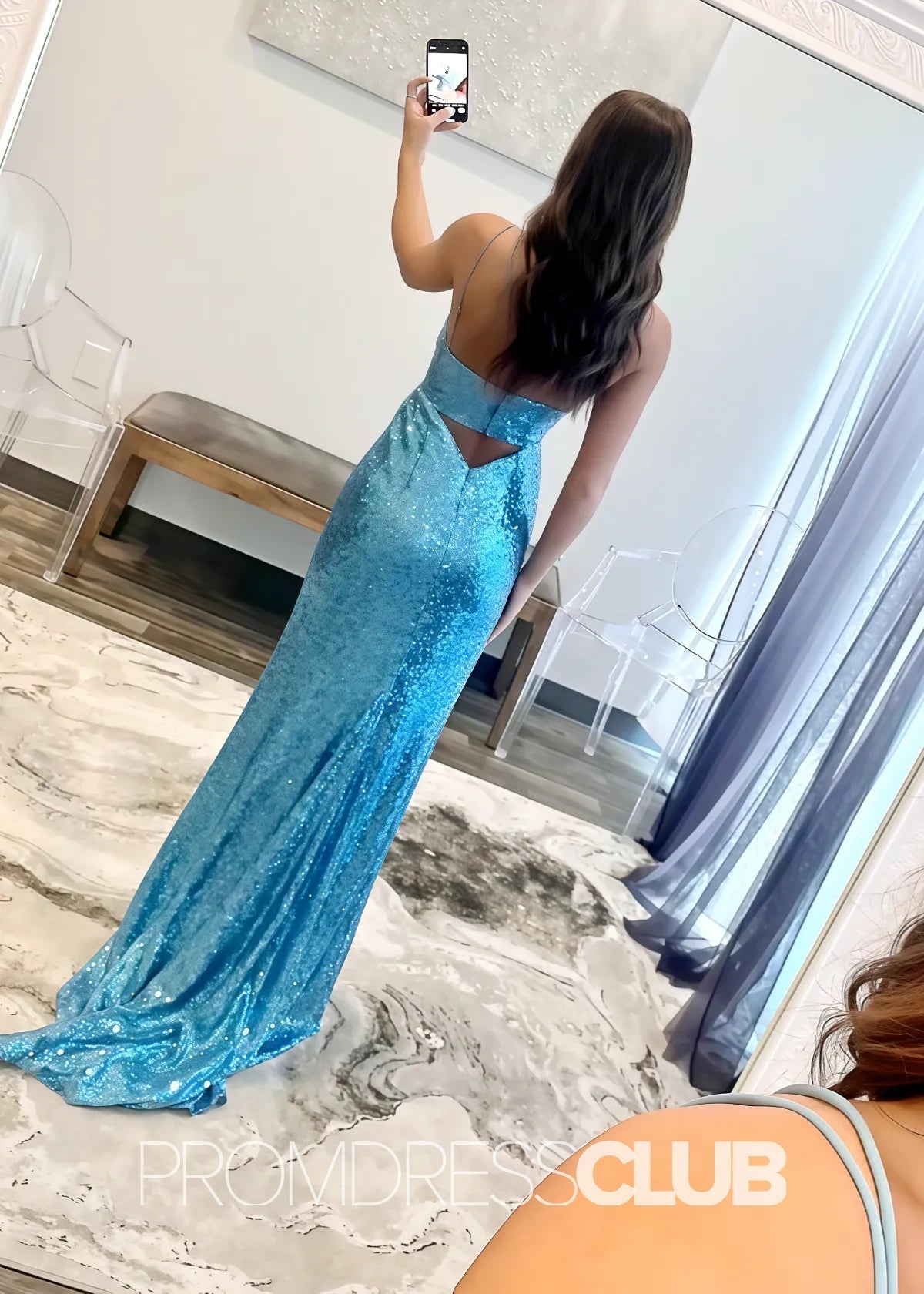 Martha |Black Long Prom Dresses Near Me With Sheath Spaghetti Strap Sequin Mermaid Slit - Blue - US0 - PromDressClub