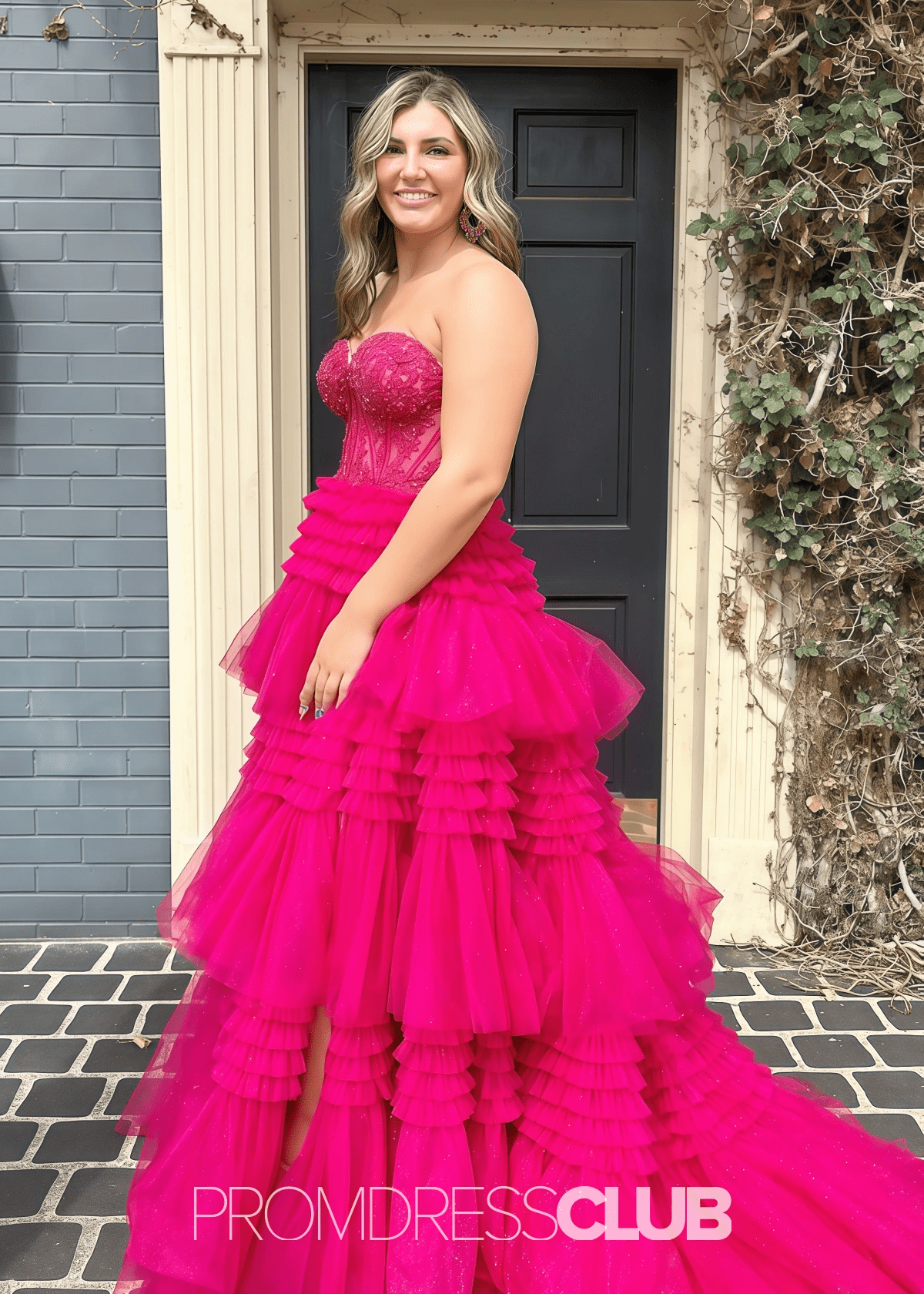 Mary | A Line Lace Appliques Tiered White Maxi Formal Dress Stores Near Me - Hot Pink - PROMDRESS Club