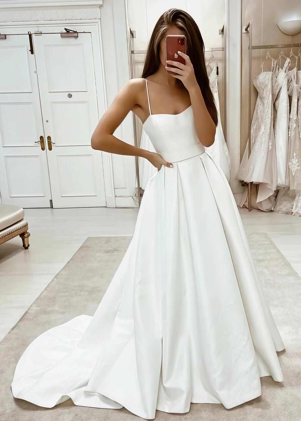 Maud | Strappy Spaghetti Strap Sweetheart Neckline Ivory Satin Wedding Dress with Train - Ivory - PromDressClub