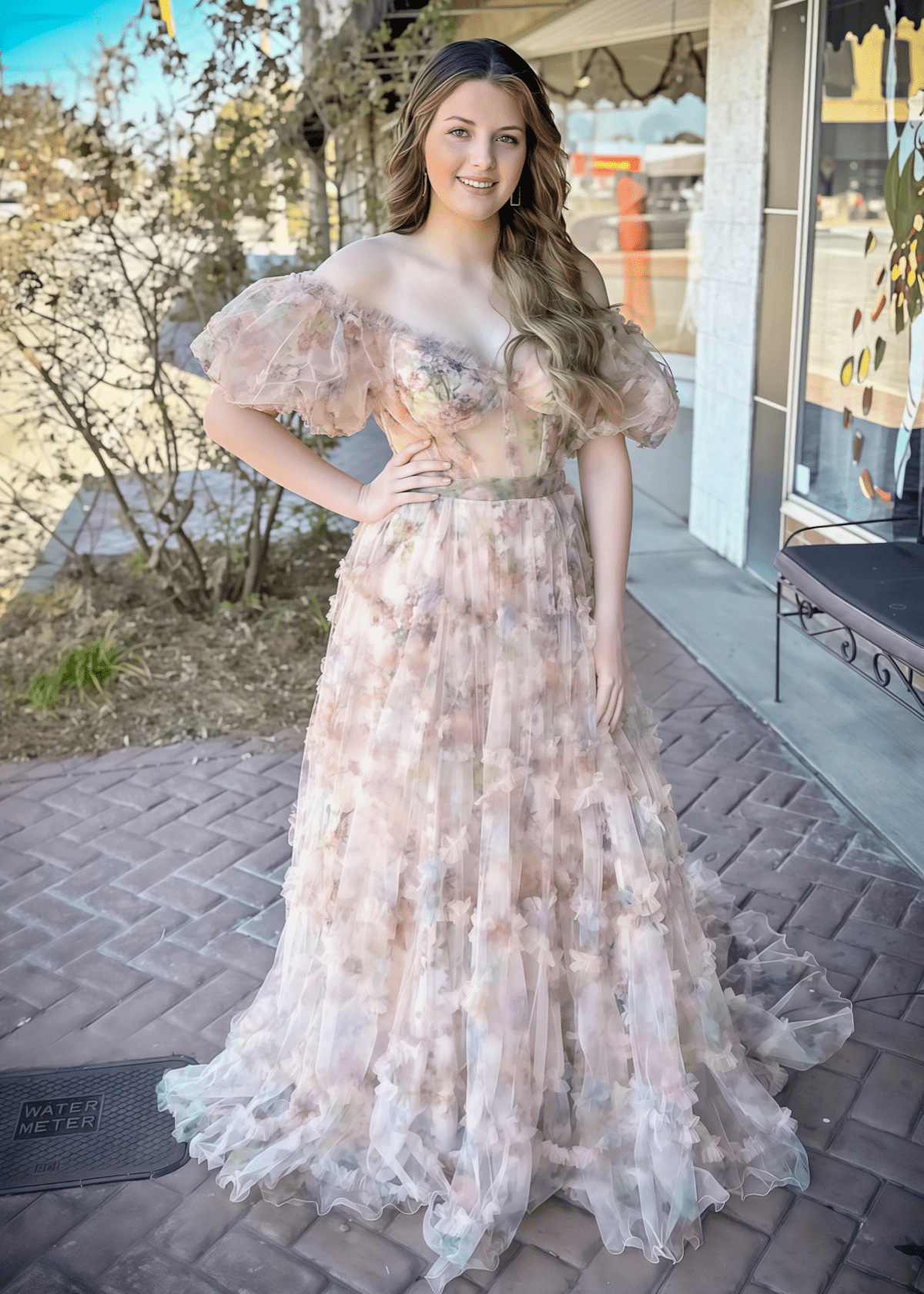 Maureen | A Line Champagne Floral Print Long Prom Dress Stores Near Me - Champagne Floral - PROMDRESS Club