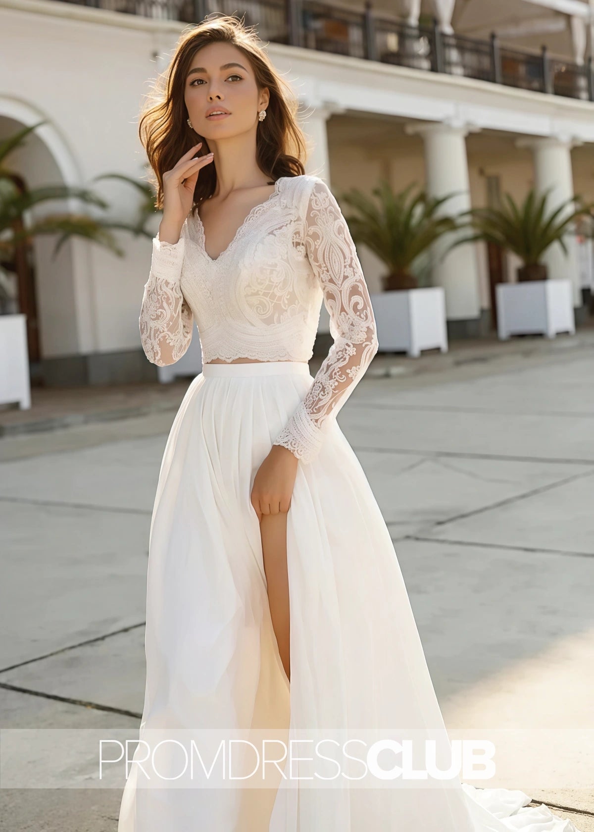 Maureen |Fall Long Wedding Dresses Near Me With Two Piece V - neck Sweep Train Lace Long Sleeves - White - US0 - PromDressClub