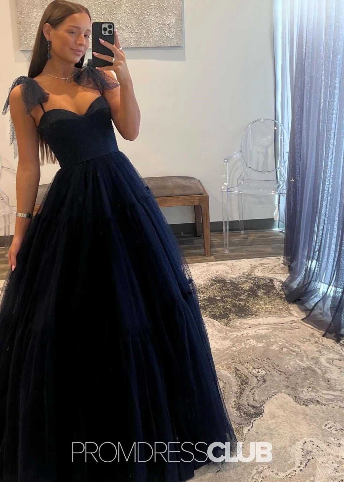 May | A Line Polk Dots Black Tulle Long Prom Dress Near Me - Navy Blue - PROMDRESS Club