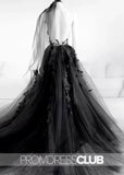 Megan |Long Black Wedding Dresses Near Me With Sexy Black Lace Appliques Sleeveless Tulle Backless Veil - Black - US0 - PromDressClub