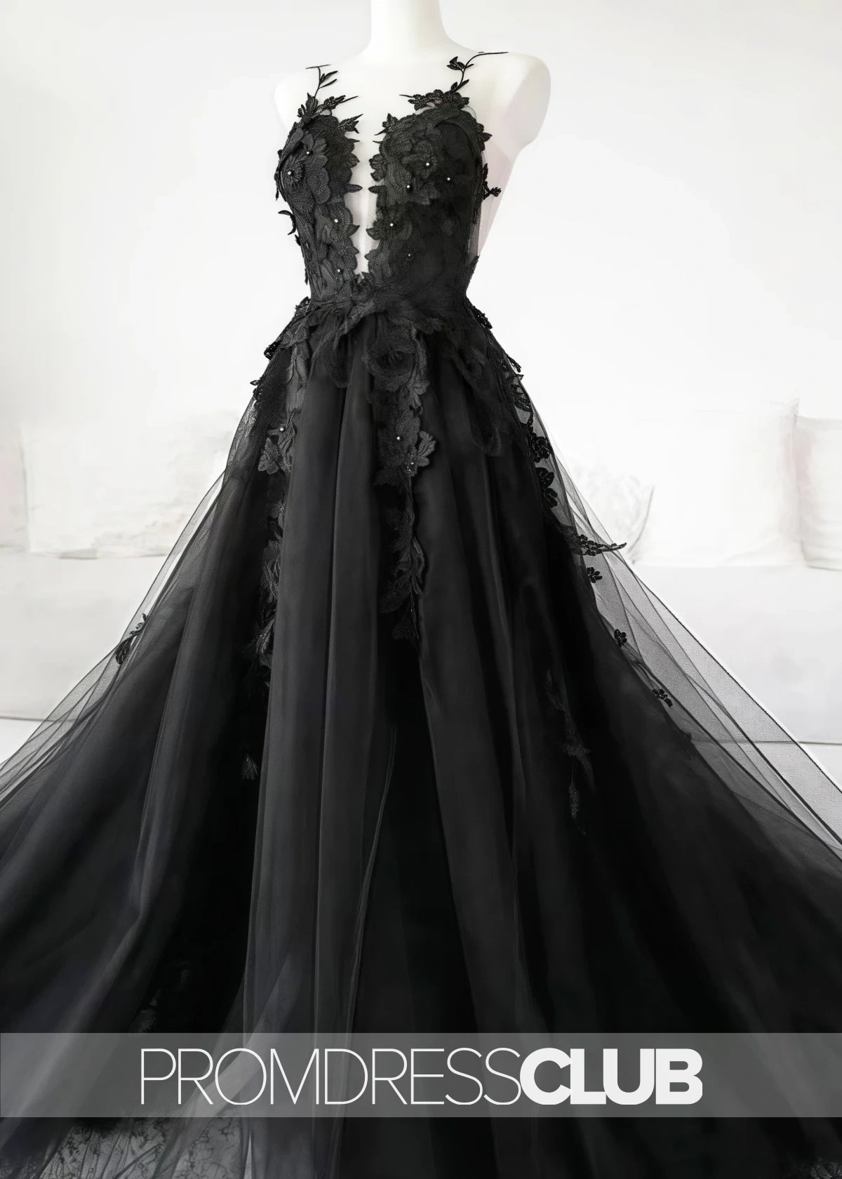 Megan |Long Black Wedding Dresses Near Me With Sexy Black Lace Appliques Sleeveless Tulle Backless Veil - Black - US0 - PromDressClub