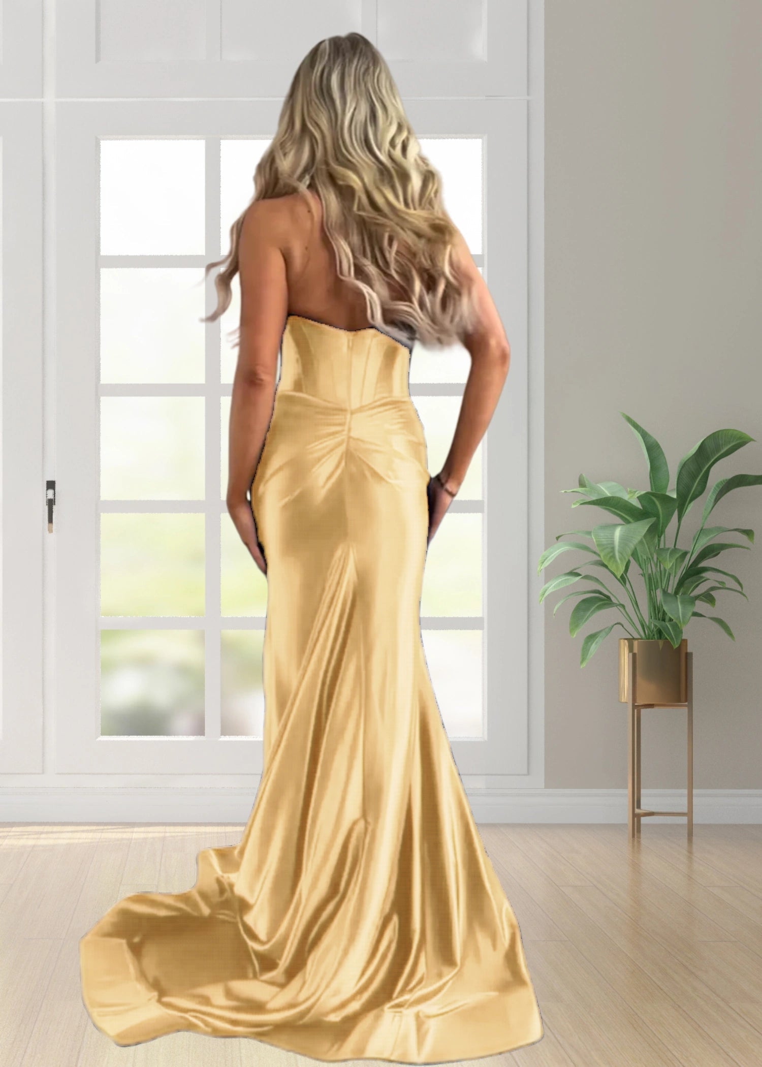 Sophia |Mermaid Halter Neck Satin Navy Blue Long Corset Prom Dress with Slit - Gold - US0 - PromDressClub