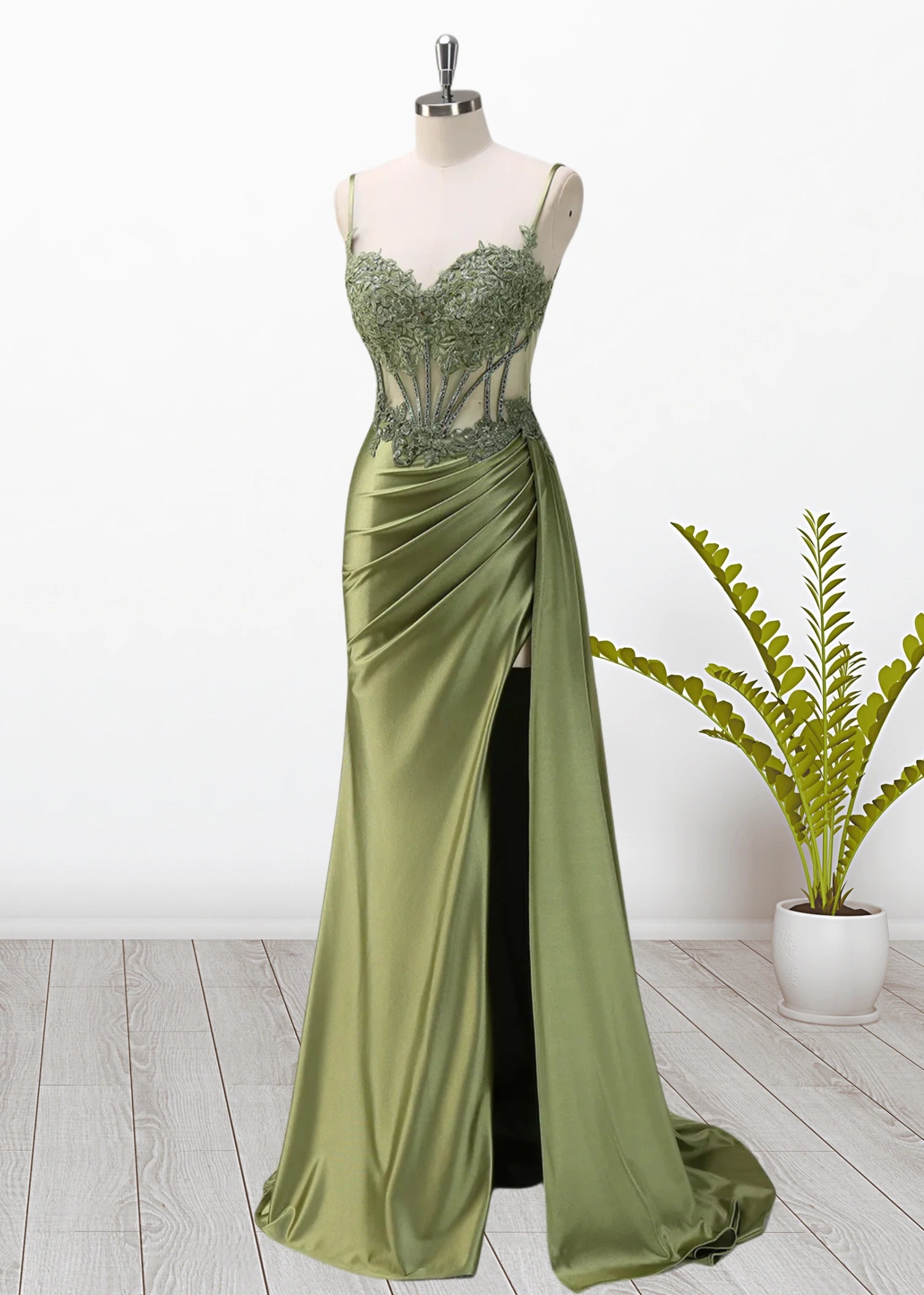 Mermaid Silver Spaghetti Straps Corset Long Prom Dress with Appliques - Green - US0 - PromDressClub