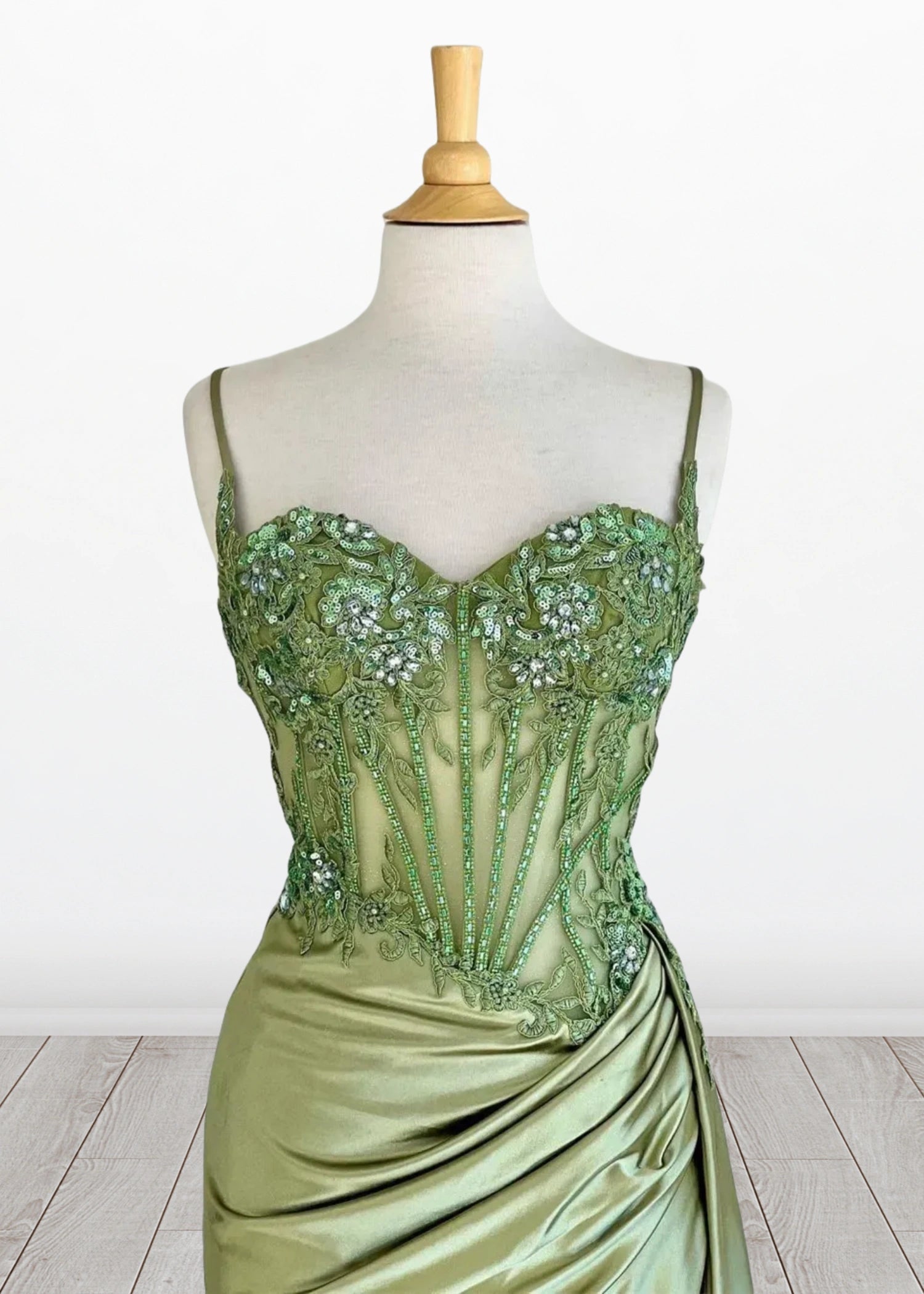 Mermaid Silver Spaghetti Straps Corset Long Prom Dress with Appliques - Green - US0 - PromDressClub