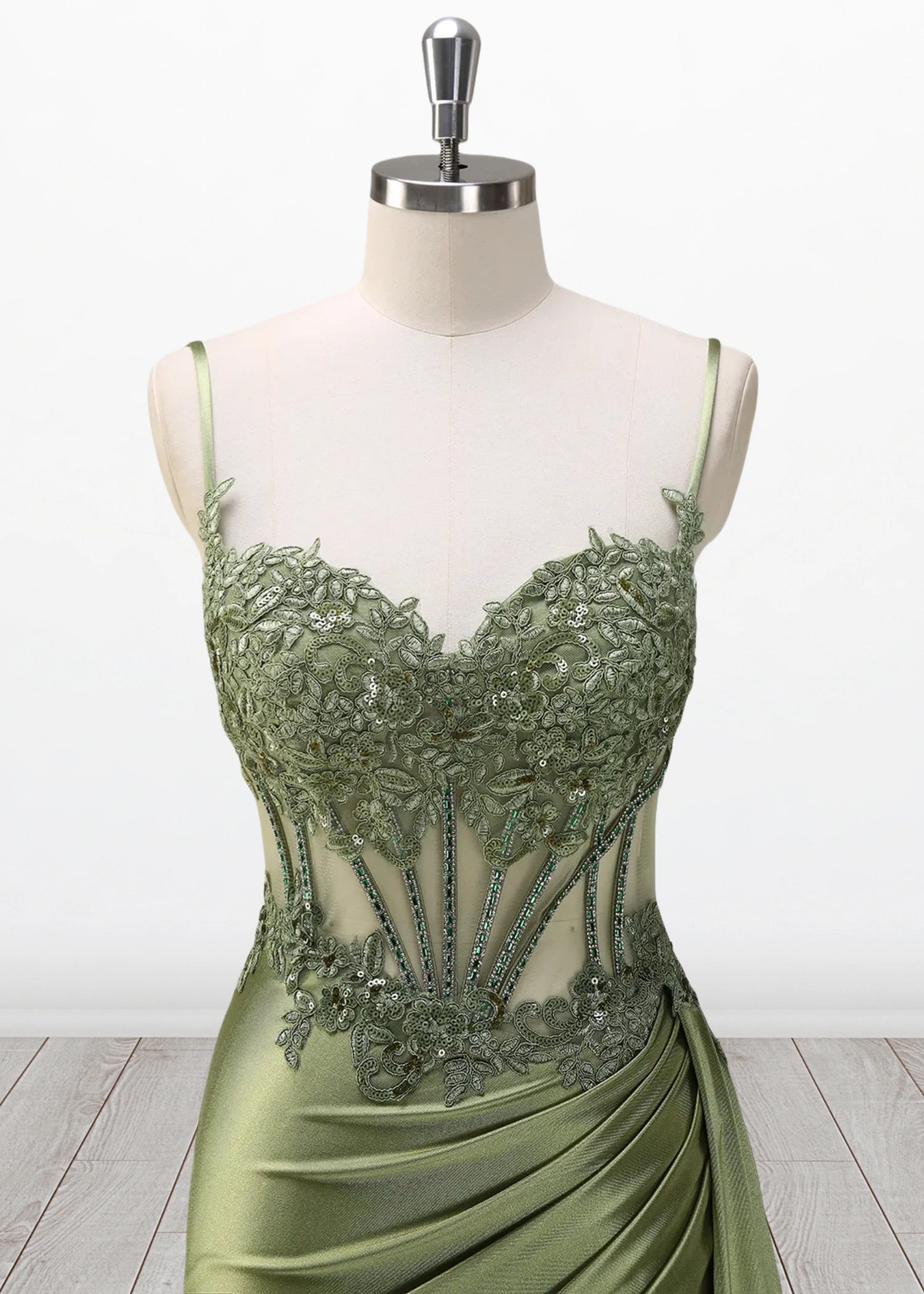 Mermaid Silver Spaghetti Straps Corset Long Prom Dress with Appliques - Green - US0 - PromDressClub