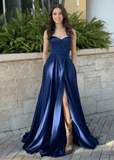 Meroy | A Line Navy Blue Satin Maxi Prom Dress Stores Near Me - Navy Blue - PROMDRESS Club