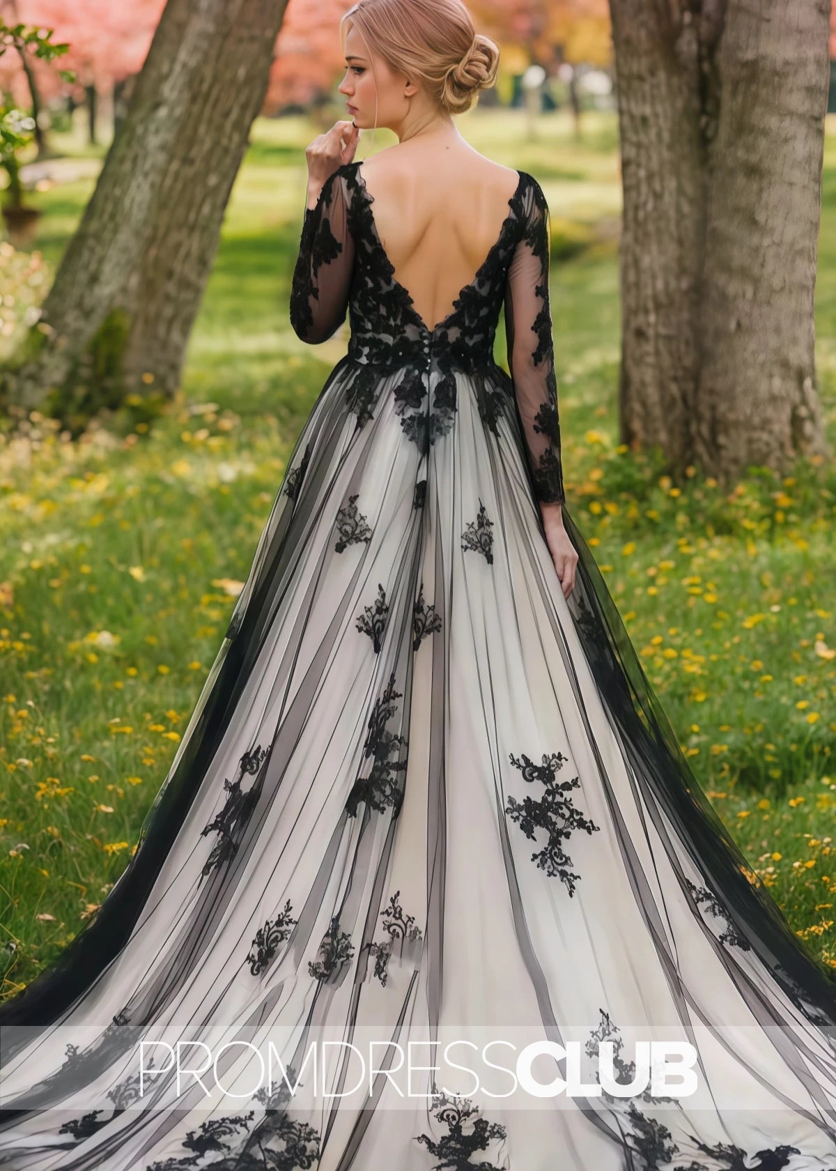 Miranda |Black And White Long Wedding Dresses Near Me With Non - Traditional Gothic Boho Lace Flowy Forest Sleeved Backless Bridal Gown Court Train - Black - US0 - PromDressClub