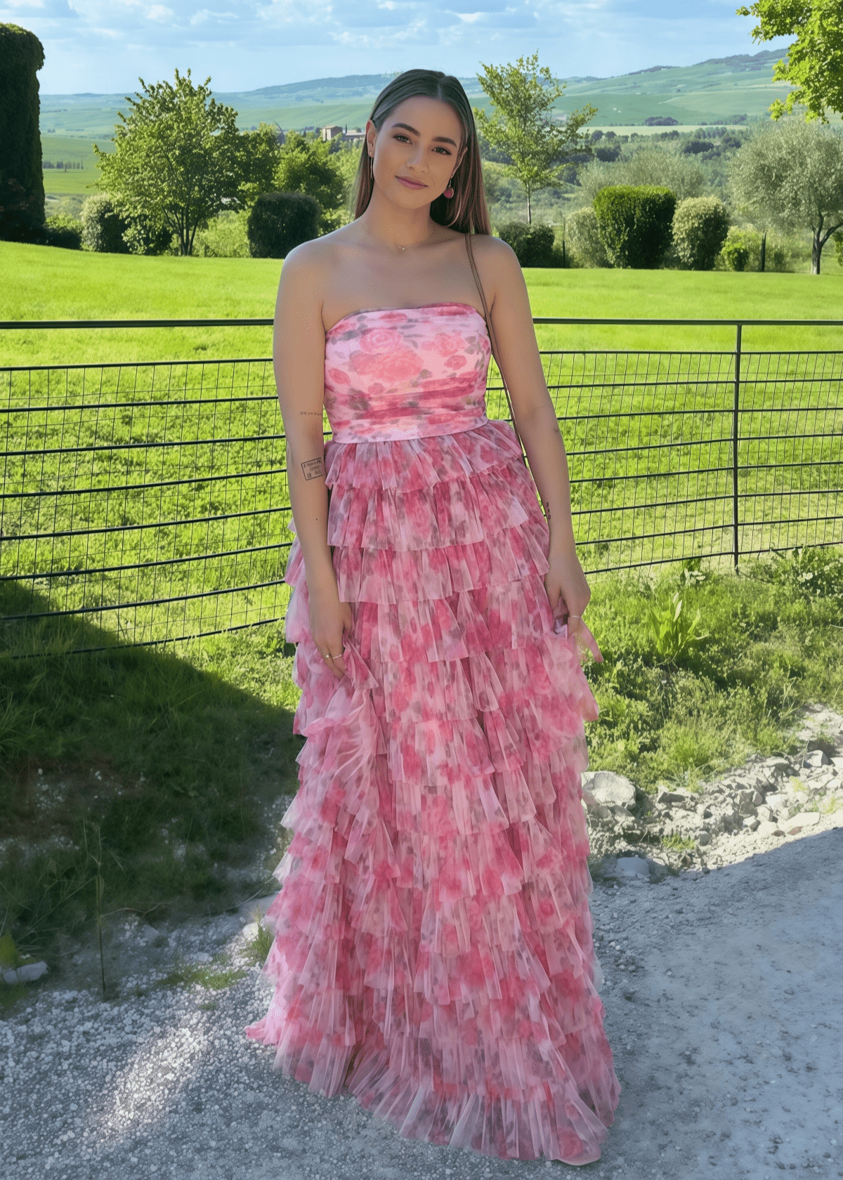 Modesty | A Line Pink Floral Print Ruffled Long Formal Dress Stores Near Me - Pink Floral - PROMDRESS Club