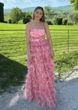 Modesty | A Line Pink Floral Print Ruffled Long Formal Dress Stores Near Me - Pink Floral - PROMDRESS Club