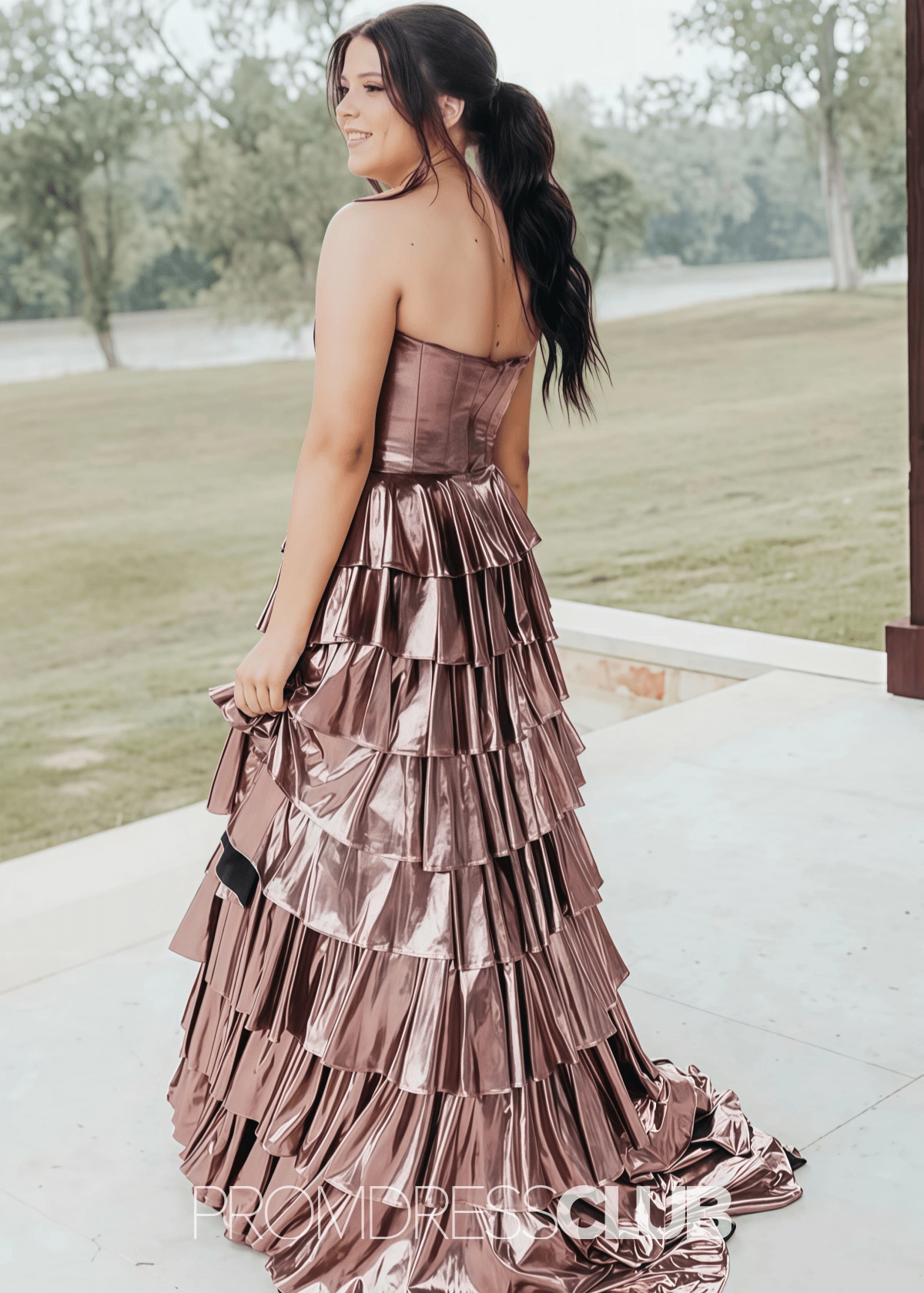 Mona | A Line Metallic Ruffle Tiered Ink Blue Long Prom Dress - Chocolate - PROMDRESS Club