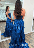 Mona | A Line Metallic Ruffle Tiered Ink Blue Long Prom Dress - Ink Blue - PROMDRESS Club