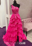 Monica | A Line Tiered Ruffle Black Tulle Sequin Long Prom Dress - Hot Pink - PROMDRESS Club