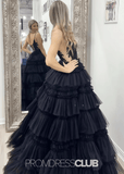 Nancy | A Line Ruffle Tiered Lavender Maxi Prom Dress - Black - PROMDRESS Club