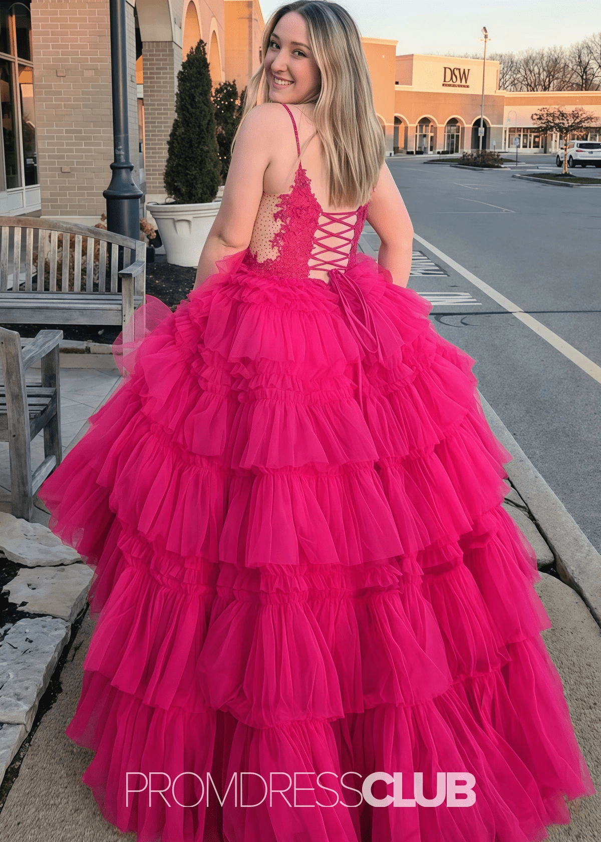 Nancy | A Line Ruffle Tiered Lavender Maxi Prom Dress - Hot Pink - PROMDRESS Club