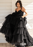 Natividad | A Line Tiered Ruffle Black Long Prom Dress - Black - PROMDRESS Club