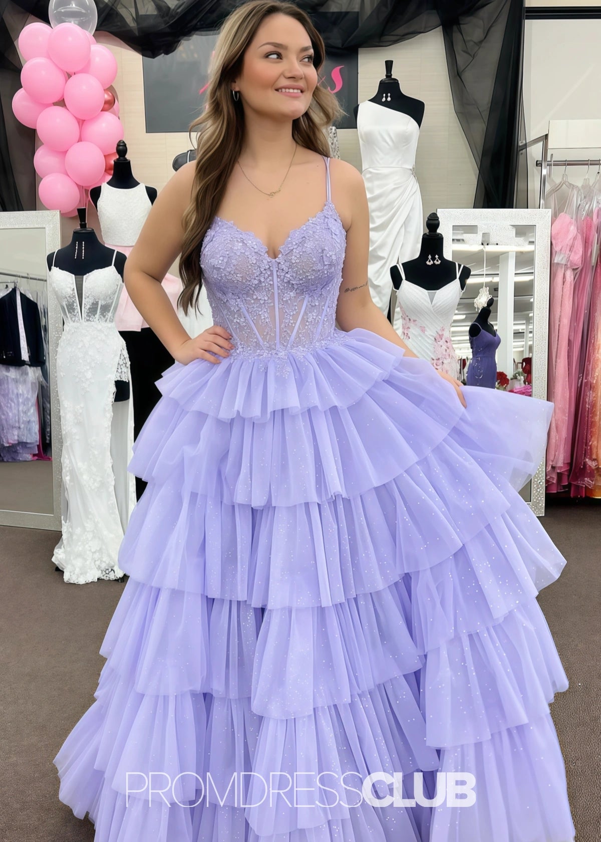 Natividad | A Line Tiered Ruffle Black Long Prom Dress - Lavender - PROMDRESS Club