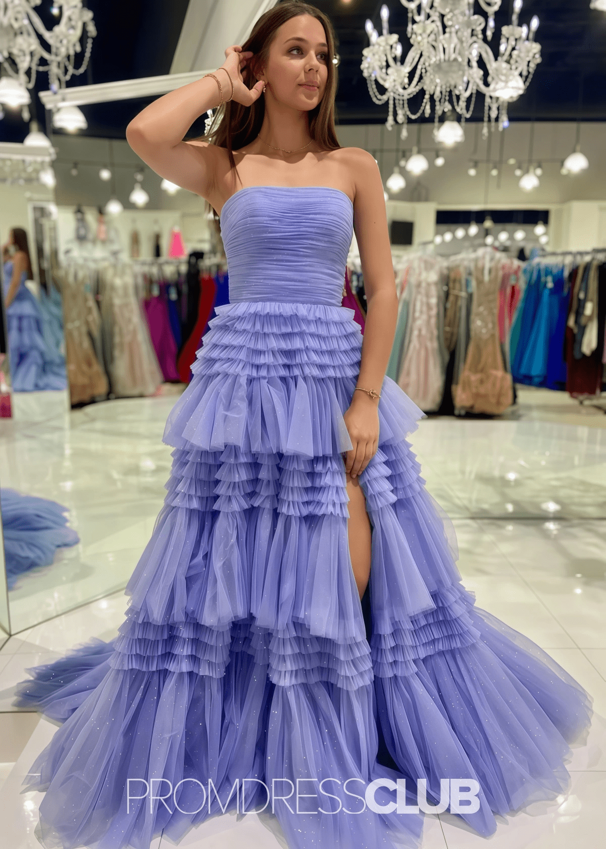 Nelly |A Line Tiered Tulle Champagne Maxi Prom Dress - Lilac - PROMDRESS Club