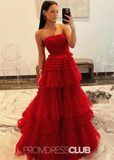 Nelly |A Line Tiered Tulle Champagne Maxi Prom Dress - Red - PROMDRESS Club