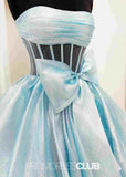 Nina | A - Line Strapless Tiered Tulle Hot Pink Long Prom Dress - Light Blue - PROMDRESS Club