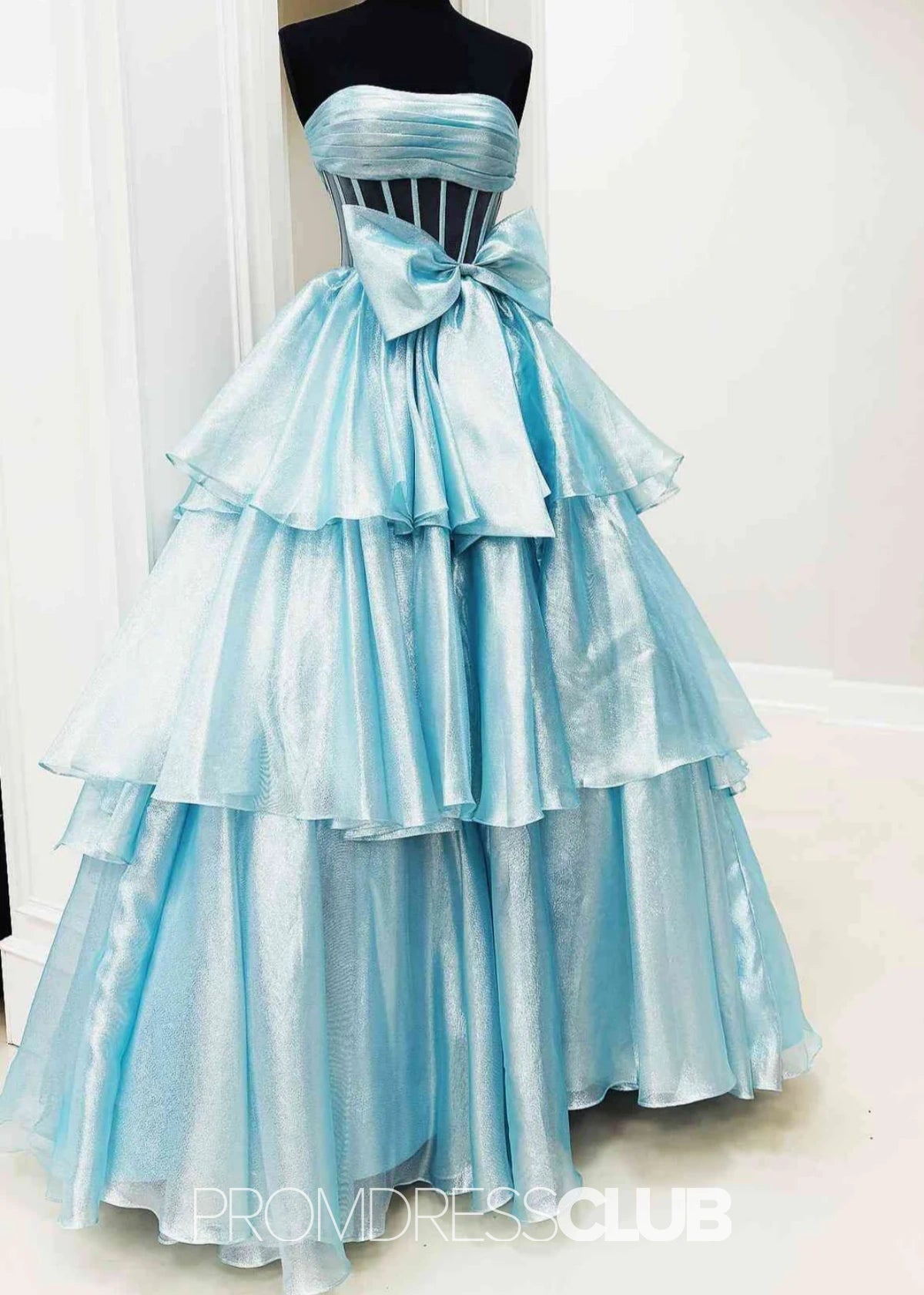 Nina | A - Line Strapless Tiered Tulle Hot Pink Long Prom Dress - Light Blue - PROMDRESS Club