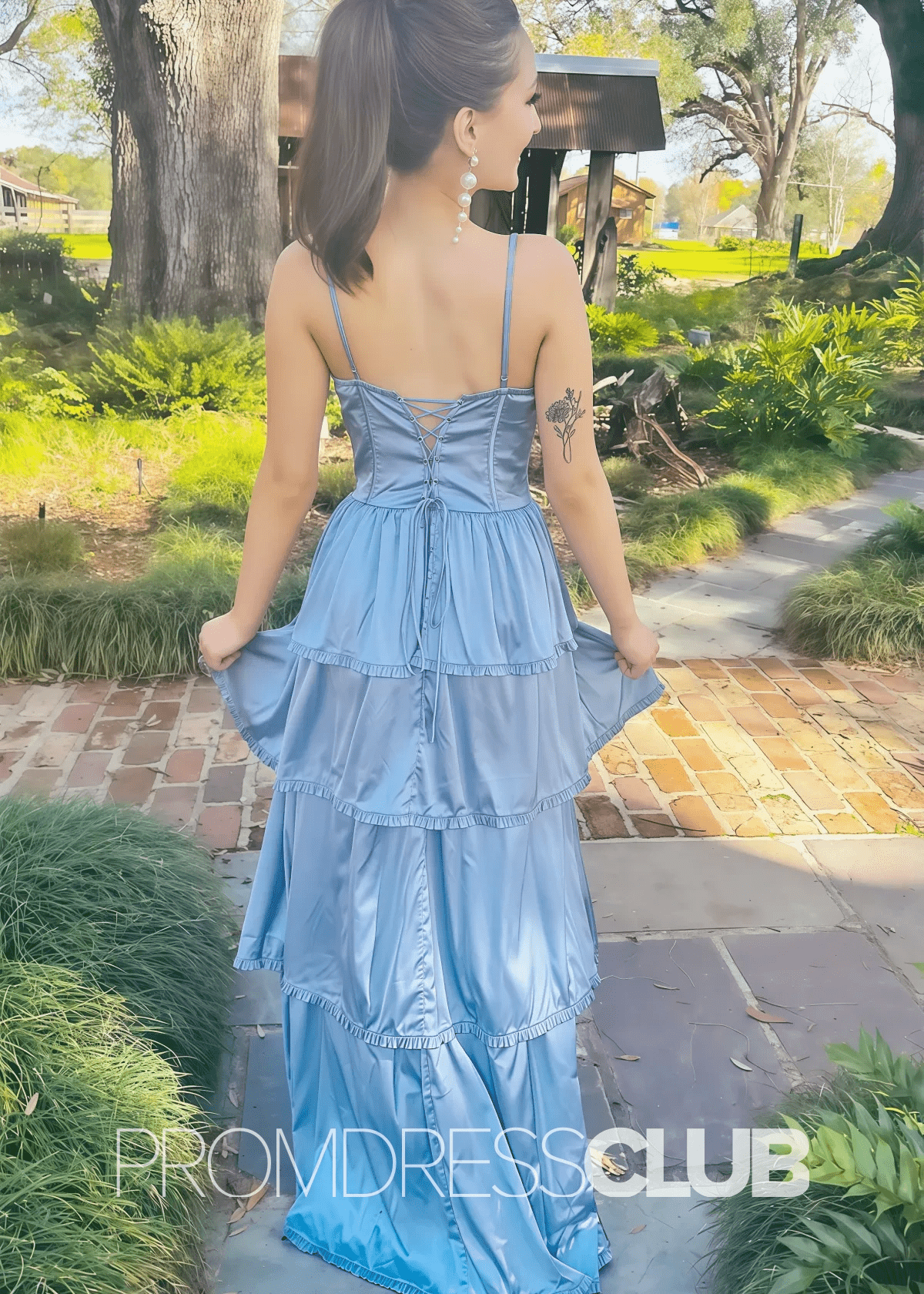 Norma |Blue Prom Dresses Long Shops With A Line Straps V - Neck Tiered Slit - Light Blue - PromDressClub