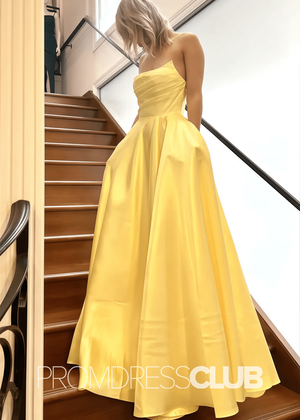 Odelia |Long Hot Pink Prom Dresses Shops With A Line Strapless Satin Long Formal Gown - Yellow - PromDressClub